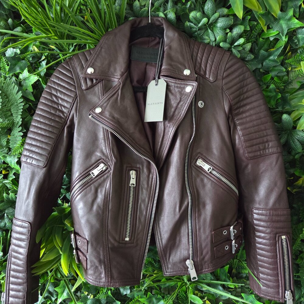 ALL SAINTS *BRAND NEW ESTELLA LEATHER BORDEAUX JACKET - Picture 2 of 4